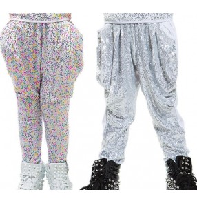 Silver rainbow colored sequins loose harem boys kids children school play  stage performance loose long baggy hip hop jazz dj singer dance pants trousers 